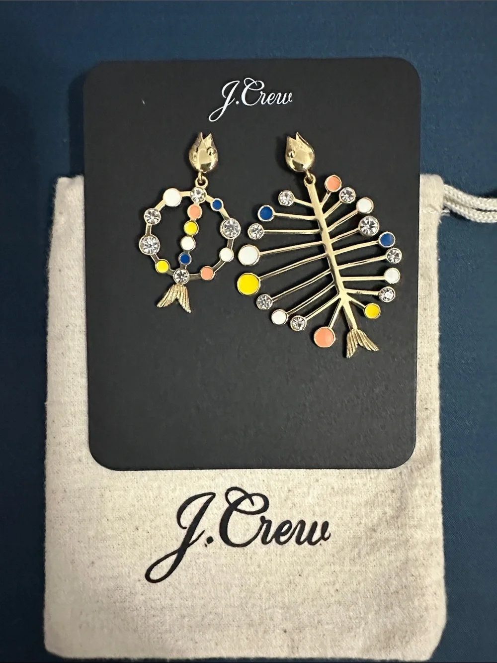 J. Crew Gold Fishbone Asymmetrical Drop Earrings with Multicolor Enamel